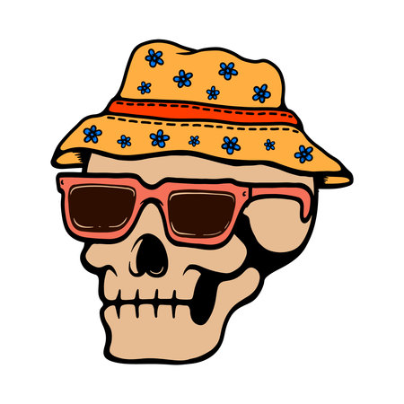 Illustration of skull in sunglasses and straw hat. Summer theme. Vector illustrationのイラスト素材