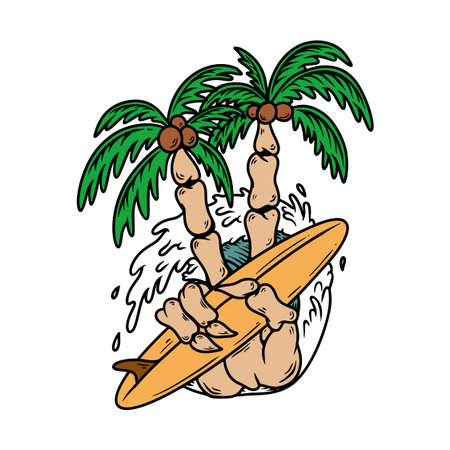 Skeleton hand with surfing board. Design element for poster, card, banner.のイラスト素材