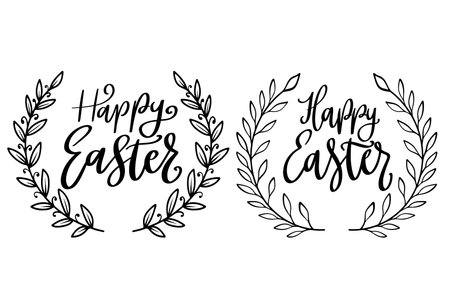 Happy Easter. Lettering phrase with wreath isolated on white backgroundのイラスト素材