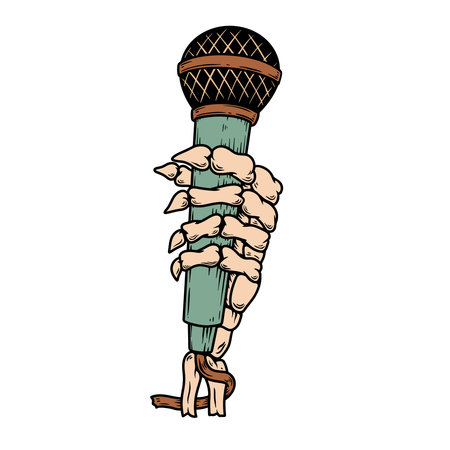 Illustration of skeleton hand with microphone. Vector illustrationのイラスト素材