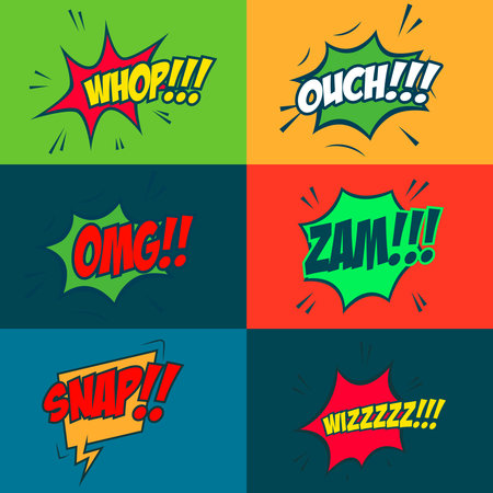 Set of comic style phrases on colorful background. Pop art style phrases set. Wow! Oops! Whop! Design element for poster, flyer.のイラスト素材