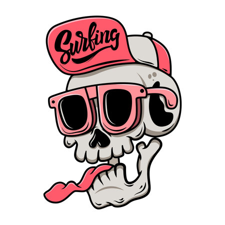 Cartoon skull in baseball cap and sunglasses. Vector illustrationのイラスト素材