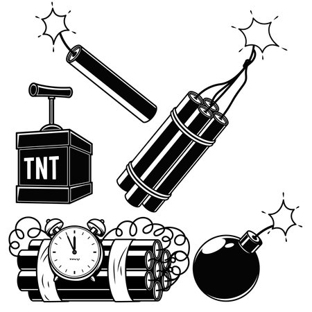 dynamite bomb tnt fire set cartoon. explosive fuse, explosion boom, detonator weapon, danger spark, burning wick, detonate stick, bang dynamite bomb. Cartoon comic vector illustrationのイラスト素材