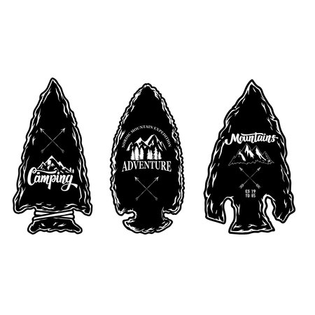 Set of Camping emblem in arrowhead shape. Design element for poster, card, banner, emblem, sign. Vector illustrationのイラスト素材