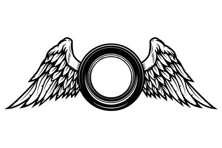 Black and white winged wheel illustration isolated on white background. Design element for emblem, sign, poster, card, badge. Vector illustrationのイラスト素材