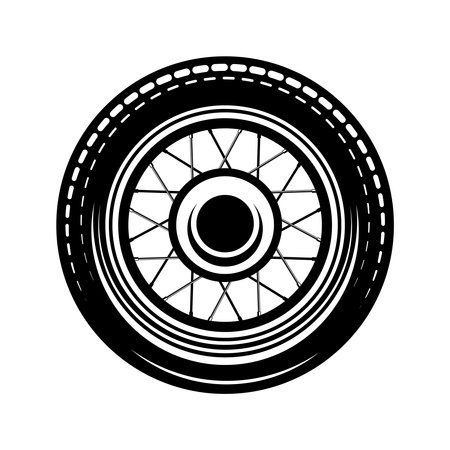 Black and white wheel illustration isolated on white background. Design element for emblem, sign, poster, card, badge. Vector illustrationのイラスト素材