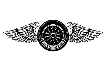 Black and white winged wheel illustration isolated on white background. Design element for emblem, sign, poster, card, badge. Vector illustrationのイラスト素材