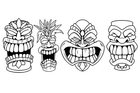 Tiki tribal wooden mask set and Tiki mug. Hawaiian traditional elements. Colored, wooden and black and white silhouette. Vector illustrationのイラスト素材