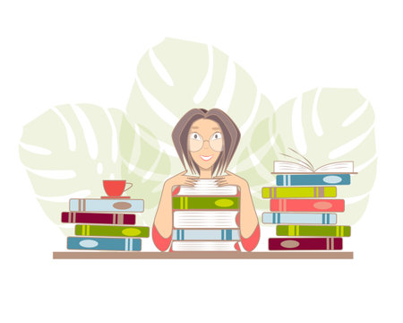 Beautiful vector illustration - woman character with books and monstera leaves is sitting near the table. Cute flat vector illustration. School, education, study, reading books, learning concept.のイラスト素材