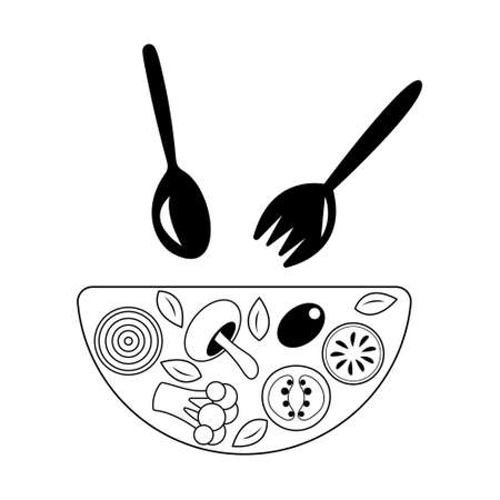 Hand drawn illustration with black salads doodle. Vector illustration hand drawn. Isolated vector. Cartoon vector illustration. Vegan salad.のイラスト素材