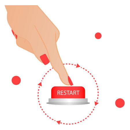 Restart button vector illustration concept. Woman hand with the restart red bottom. Restart vector...