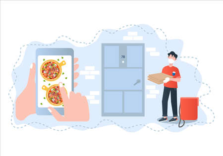 Pizza contactless delivery vector illustration. Pizza ordering via app. Touchless safe pizza home delivery vector illustration concept.のイラスト素材