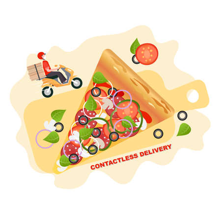 Pizza contactless delivery. Quarantine, isolation. Vector illustration background.のイラスト素材