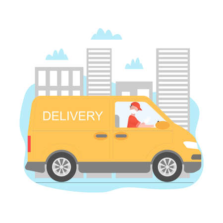 Safe delivery vector illustration. Safe delivery with truck and driver. Delivery men with masks and gloves. Safe, contactless food delivery home and office.のイラスト素材