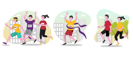 Running people vector cartoon illustrations set. Running marathon, winning marathon. Man and woman are running in the city park. Doing cardio, training, immunity strengthening concept.のイラスト素材