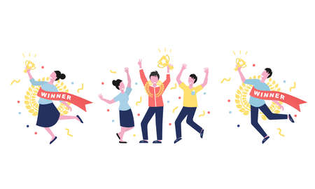 Happy people are holding award cups. Cartoon style vector illustration. First prize winners holding award cups for web design. Flat vector isolated on white background.のイラスト素材