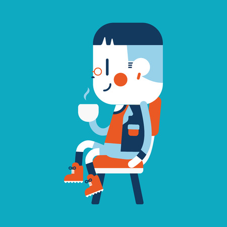 Character illustration design. Boy drinking coffee cartoonのイラスト素材