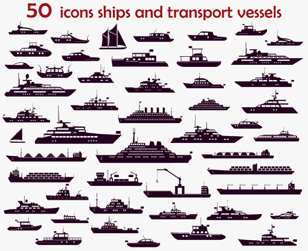 50 vector icons of marine vessels, motorboats, yachts and cargo ships.のイラスト素材