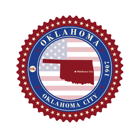 Label sticker cards of State Oklahoma USA. Stylized badge with the name of the State, year of creation, the contour maps and the names abbreviations.のイラスト素材
