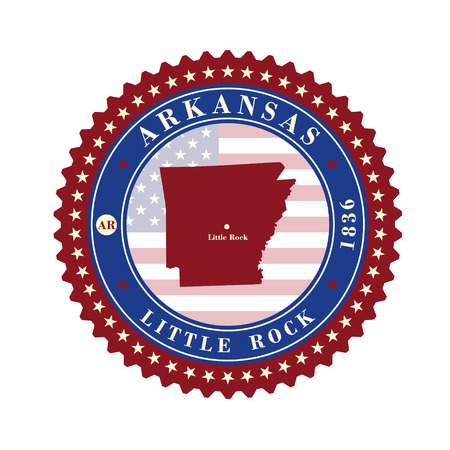 Label sticker cards of State Arkansas USA. Stylized badge with the name of the State, year of creation, the contour maps and the names abbreviationsのイラスト素材