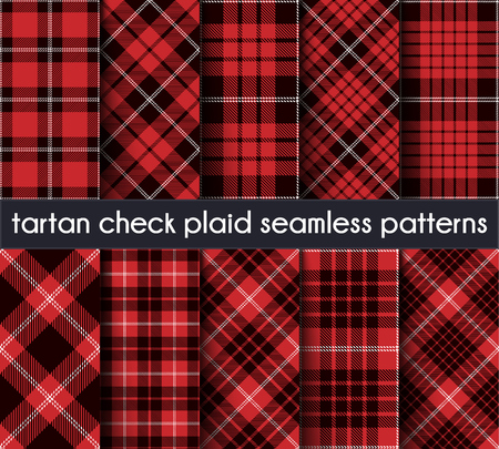 Set Tartan Check Plaid Seamless Pattern Background. Red, Black and  White  Plaid, Tartan Flannel Shirt Patterns. Trendy Tiles Vector Illustration for Wallpapers. Intersecting Bands From One To Five.のイラスト素材