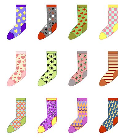 Set of colored socks isolated on white background. Vector illustration of socks with original prints.のイラスト素材
