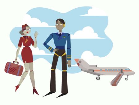 Pilot of the plane and stewardess are preparing for the flight.  Vector illustration of friendly airport android's.のイラスト素材