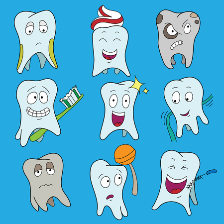 Teeth Collection Flat Vector Illustration. Set of cute tooth showing various emotions, happy shiny white tooth characters symbols, isolated cartoon vector illustration.のイラスト素材