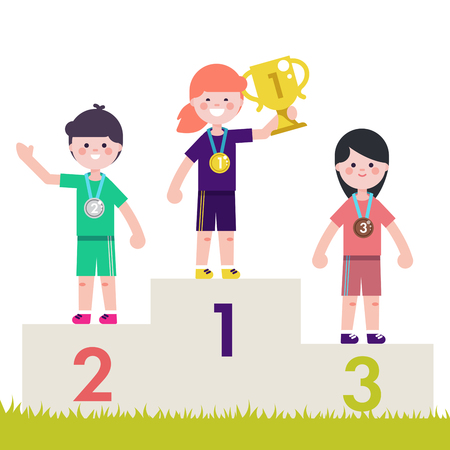 Sport kids on pedestal with trophy cup. Vector illustration
Children on victory podium with medal.のイラスト素材