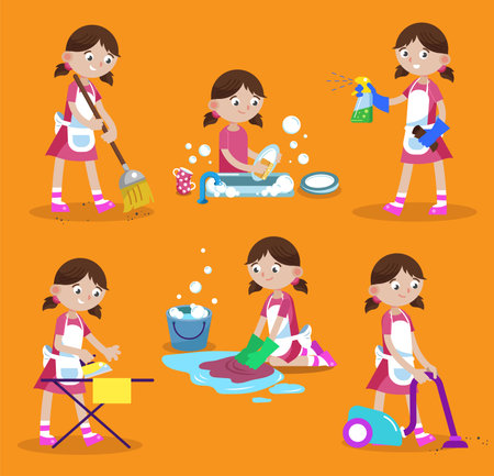 Cleaning vector illustration. House cleaning. Girl is busy at home: wash dishes, wash the floor, iron, vacuum, sweep, wash window. Funny cartoon character.のイラスト素材