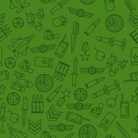 Army and military seamless pattern theme line icons set on white background. War vector illustrationのイラスト素材