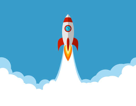 Rocket launch, ship flies into the sky or space. Concept of new business project start up...
