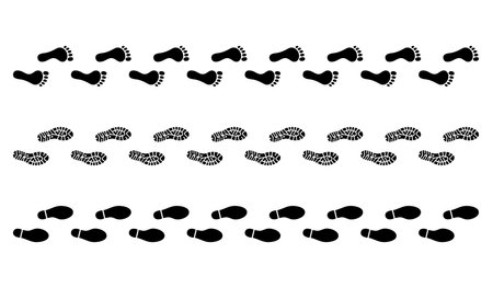 Tracking footprints shoes human walking and shoe sole feet footsteps people. Footsteps icon or sign for print isolated on white background. Vector illustrationのイラスト素材