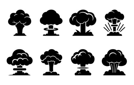 Nuclear explosion mushroom cloud set icon. Atomic bomb war, symbol end of the world isolated on white background. Vector illustrationのイラスト素材