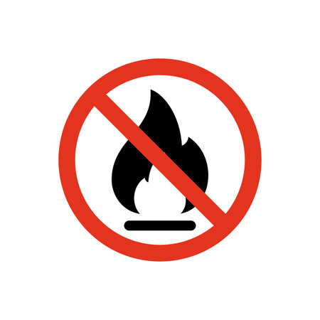 No Fire, flame icon crossed in red circle. Burn sign isolated on white background. Vector illustrationのイラスト素材