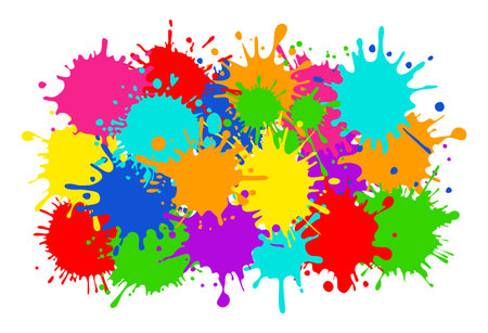 Bright colorful banner. Horizontal banner with colorful paint spots and splashes. Colorful blots, multicolored splash spray paints. Vector illustrationのイラスト素材