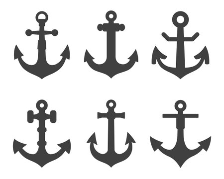 Anchor black icons set. Silhouettes marine equipment. Nautical vessel mooring appliance, Traditional ship accessory. Navy, ocean fleet, harbor vector illustrationのイラスト素材