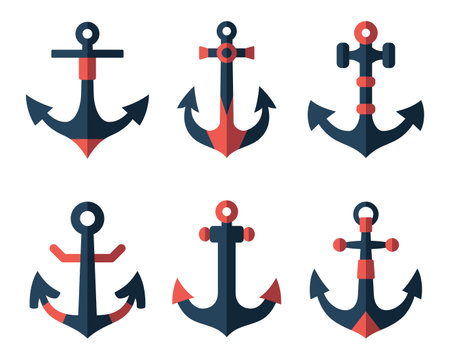 Anchor flat icons set. Nautical vessel mooring appliance, Traditional ship accessory. Silhouettes anchor marine equipment. Navy, ocean fleet, harbor vector illustrationのイラスト素材
