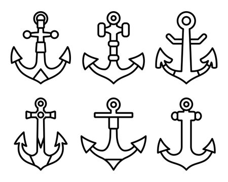 Anchor line icons set. Nautical vessel mooring appliance, Traditional ship accessory. Silhouettes...