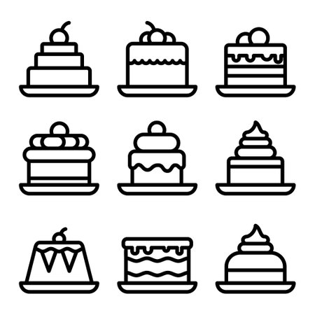 Cake dessert black line icons set. Sign kit of sweet food. Simple delicious black symbol. Sweet...