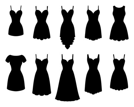 Evening and cocktail dress set. Collection woman clothing. Silhouette apparel. Different shapes of dresses. Vector illustrationのイラスト素材