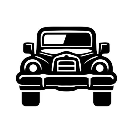Old retro car black icon front view. Classic vehicle. Muscle car silhouettes face. Vintage automobile. Transportation symbol. Vector illustrationのイラスト素材