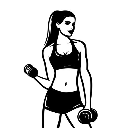 Fitness woman silhouette with dumbbell. Sexy athletic girl bodybuilder. Fitness female for gym or club concept. Vector illustrationのイラスト素材