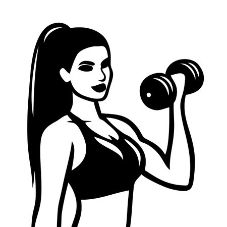 Fitness woman silhouette with dumbbell. Sexy athletic girl bodybuilder. Fitness female for gym or club concept. Vector illustrationのイラスト素材