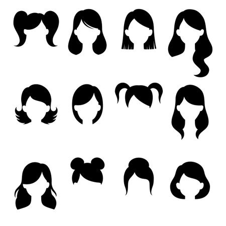 Female fashion hairstyle set. Woman head with haircuts, ponytail and bun. Different various hairstyles icon. Vector illustrationのイラスト素材