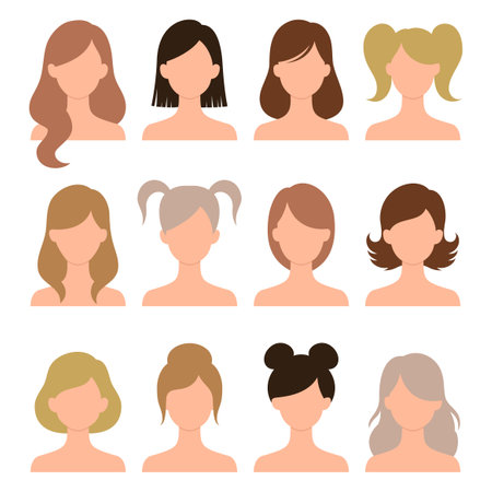 Female fashion hairstyle set. Woman head with haircuts, ponytail and bun. Different various hairstyles and color icon avatar. Vector illustrationのイラスト素材