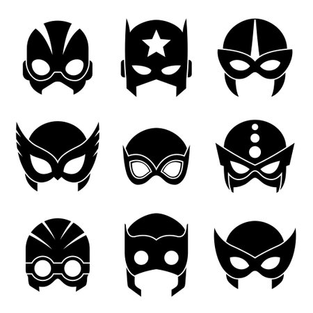 Super hero masks set black icons. Superhero face masque and masking cartoon character. Comic book mask collection. Heroic or savior vector illustrationのイラスト素材