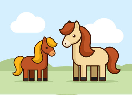 Horses of different colors in the meadow backdrop of nature. Countryside landscape with summer field, blue sky and farmer animal horse. Vector illustrationのイラスト素材