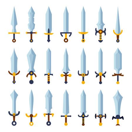 Cartoon steel swords set icons. Knives daggers sharp blades. Fantasy game weapon icon in flat style. Vector illustrationのイラスト素材