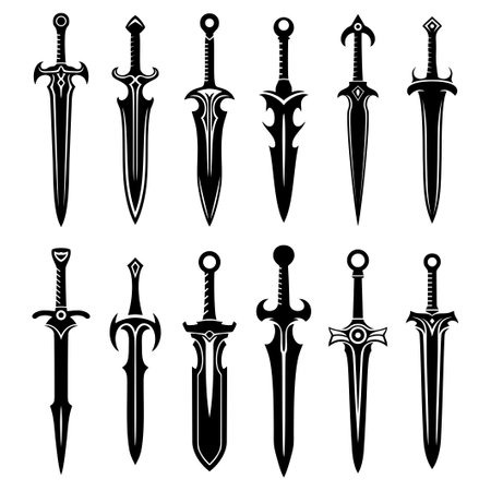 Set of fantasy swords icons. Medieval swords and futuristic weapons for game interface. Cartoon set of fantasy metal longswords. Vector illustrationのイラスト素材